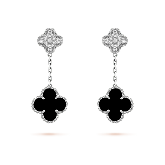 [⭐Seralia]CLOVER 2 MOTIFS  DIAMOND ONYX EARRINGS SILVER