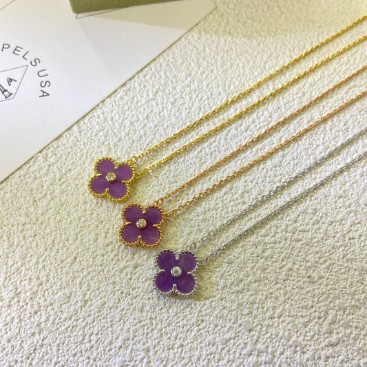 [⭐Seralia Jewelry]CLOVER 15MM DIAMOND  PURPLE VIOLET NECKLACE