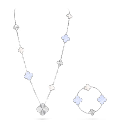 [⭐Seralia]DETACHABLE CLOVER 15(11+4) FLOWER SILVER NECKLACE SET