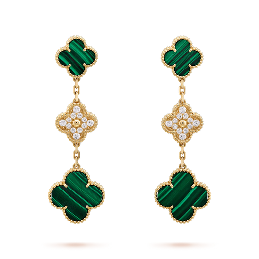 [⭐Seralia]CLOVER EARRINGS GOLD MALACHITE DIAMOND 3 MOTIF